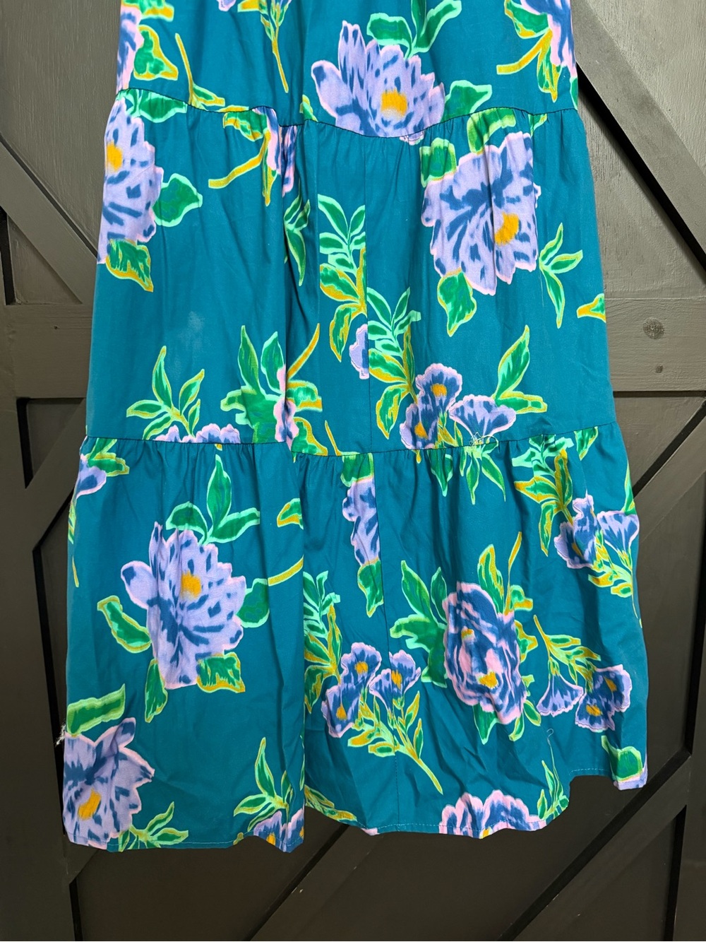 Peach Love Teal Tiered Maxi Dress with Puff Sleeves in Purple Floral, Small - Picture 7 of 11